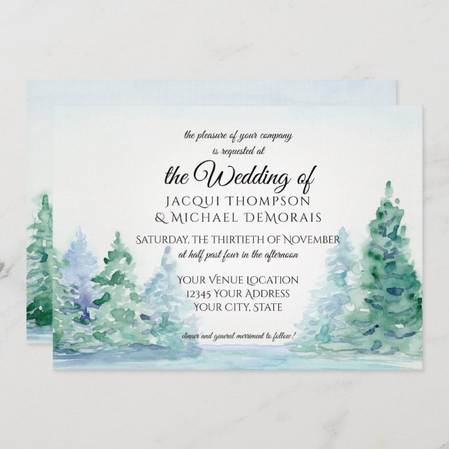 Horizontal Watercolor Rustic Mountain Forest Lake Invitation (Front/Back)