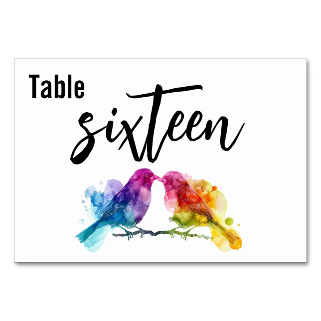 Horizontal wedding Rainbow Lovebirds Table Number (Front)