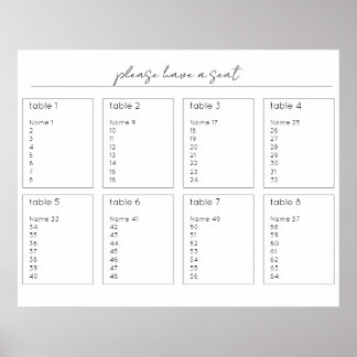 Horizontal Wedding Seating Chart Sign 64 Guests
