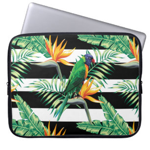 Horizontal White And Black Stripes And Parrot Laptop Sleeve