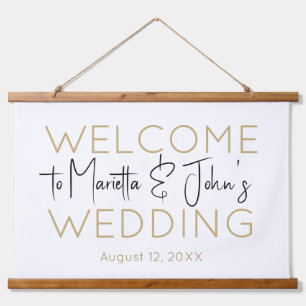Horizontal White Gold Elegant Wedding Welcome Sign Hanging Tapestry