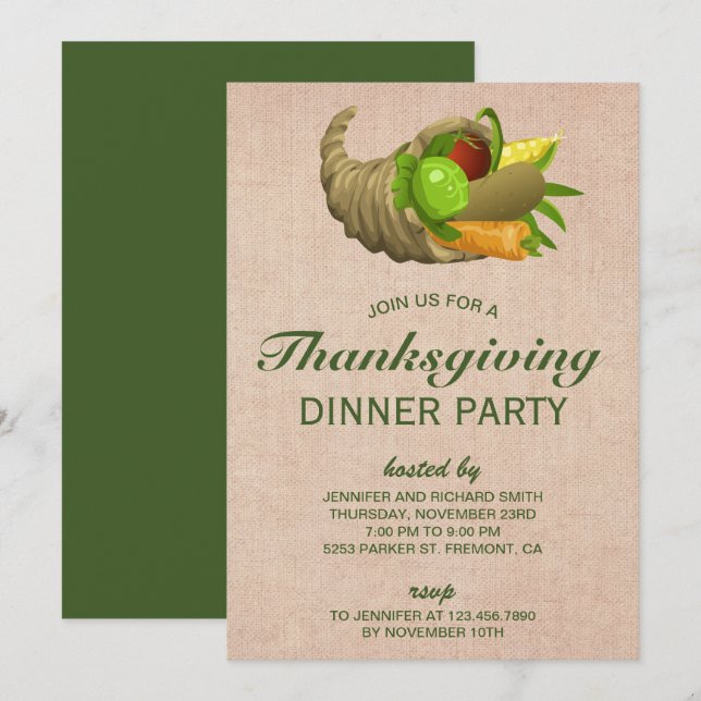 Horn of Plenty | Burlap Thanksgiving Dinner Party Invitation (Front/Back)