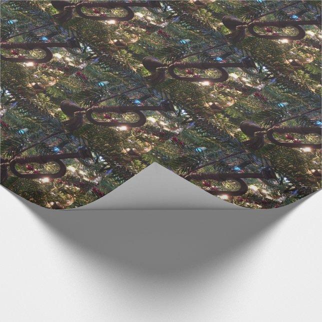 Horn Ornament Lighted Christmas Tree Wrapping Paper (Corner)