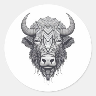 Horned Bison Buffalo Black and White Portrait Classic Round Sticker