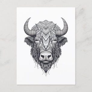 Horned Bison Buffalo Black and White Portrait  Postcard