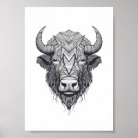 Horned Bison Buffalo Black and White Portrait 