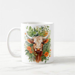 Horned Cow and Flowers Coffee Mug