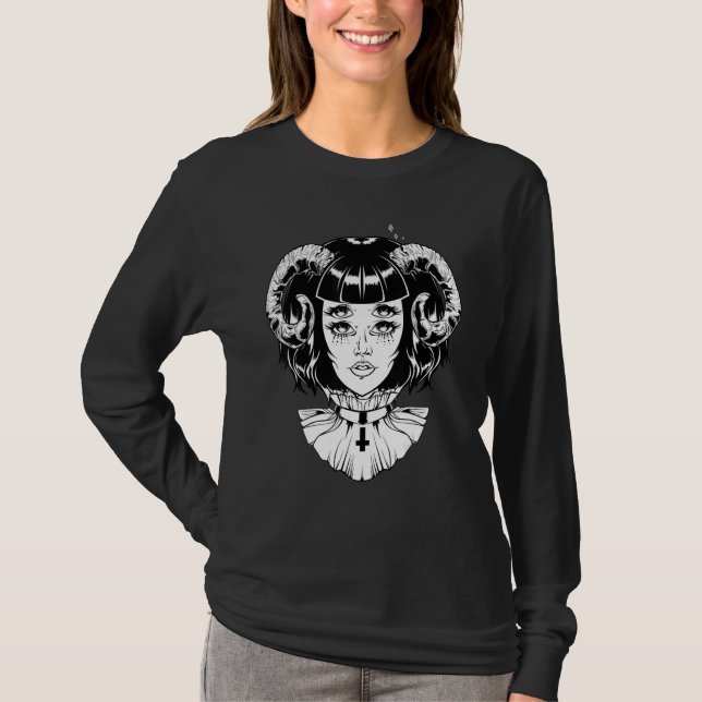 Horned Devil Satanic Halloween Glitch Goth Emo Pun T-Shirt (Front)