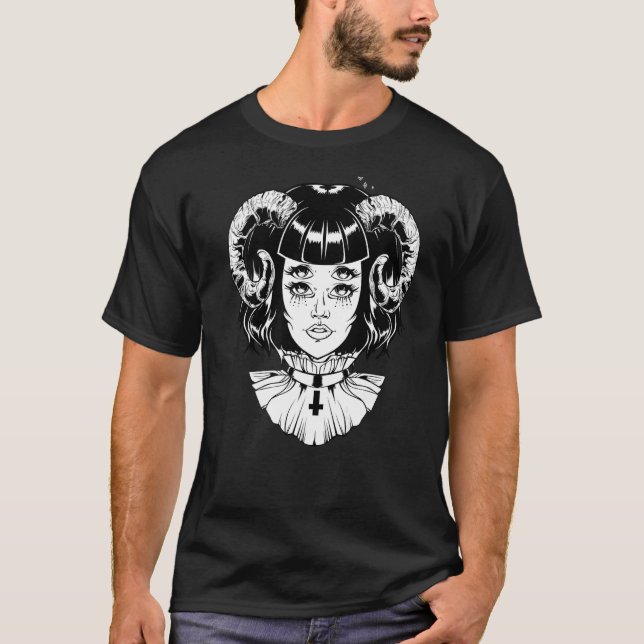 Horned Devil Satanic Halloween Glitch Goth Emo Pun T-Shirt (Front)
