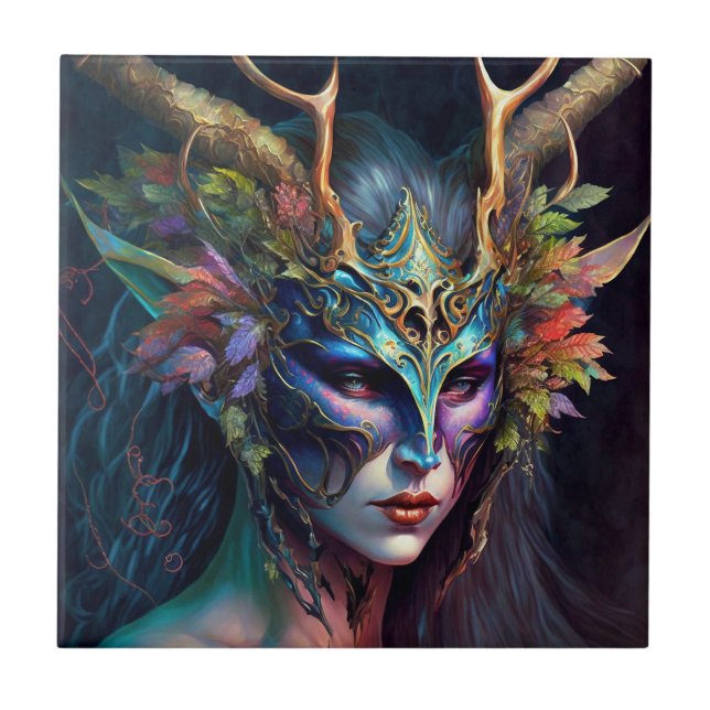 Horned Elf Woman Fantasy Art Ceramic Tile (Front)