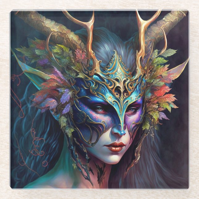 Horned Elf Woman Fantasy Art Glass Coaster (Front)