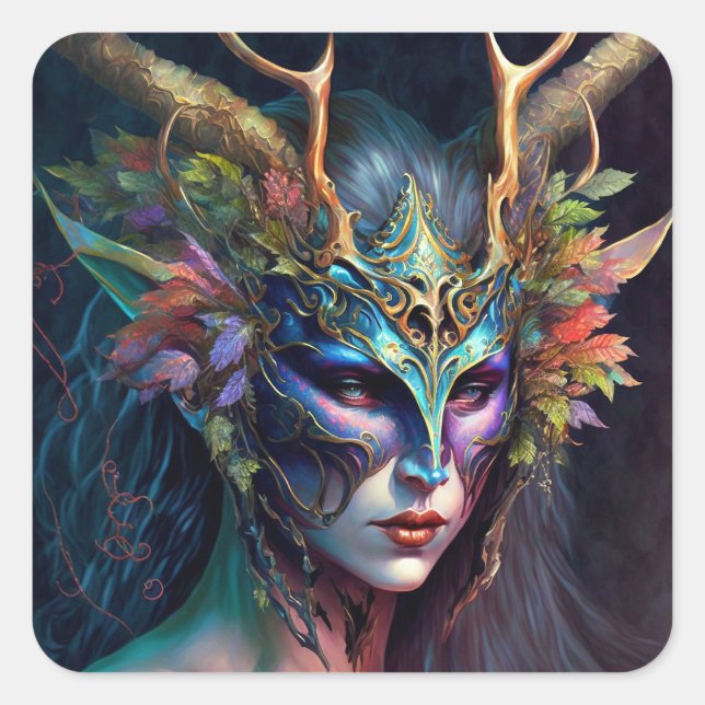 Horned Elf Woman Fantasy Art Square Sticker (Front)
