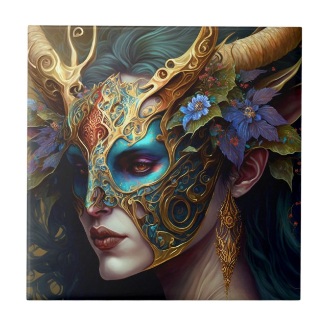 Horned Elf Woman Fantasy Art Tile (Front)
