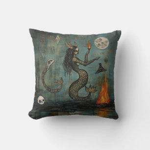 Horned Mermaid Moon Occult Dark Witchy AI Art Cushion