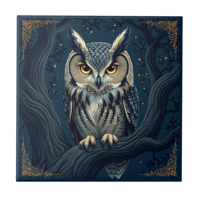 Horned owl at night tile (Front)