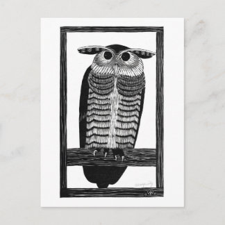 Horned Owl - Black and White Vintage Art Postcard