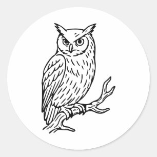 Horned Owl on Branch Line Art Classic Round Sticker