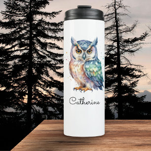 Horned Owl Watercolor Personalised Thermal Tumbler