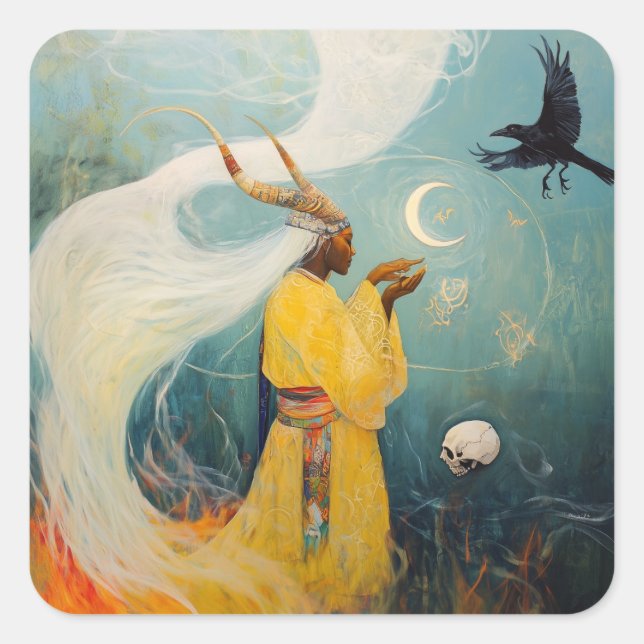 Horned Priestess Moon Occult Dark Witchy AI Art Square Sticker (Front)