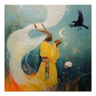 Horned Priestess Moon Witchy AI Art Semi-Gloss Poster