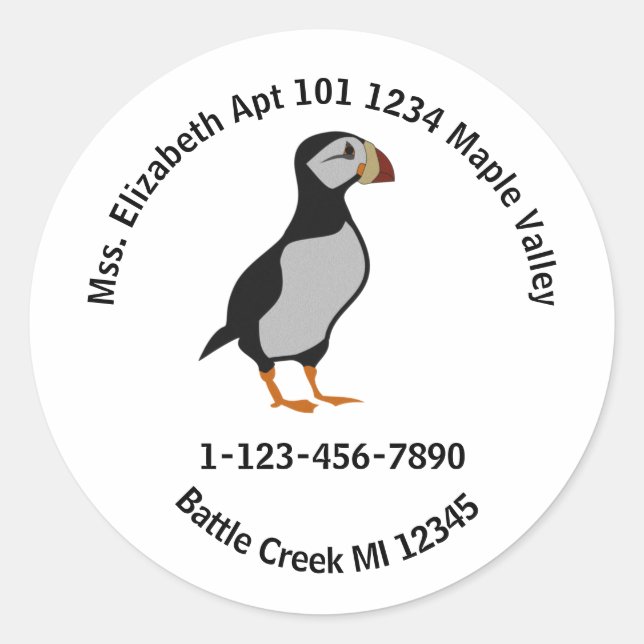 Horned Puffin Standing Cartoon Home Contact Info K Classic Round Sticker (Front)