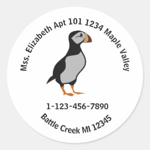 Horned Puffin Standing Cartoon Home Contact Info K Classic Round Sticker