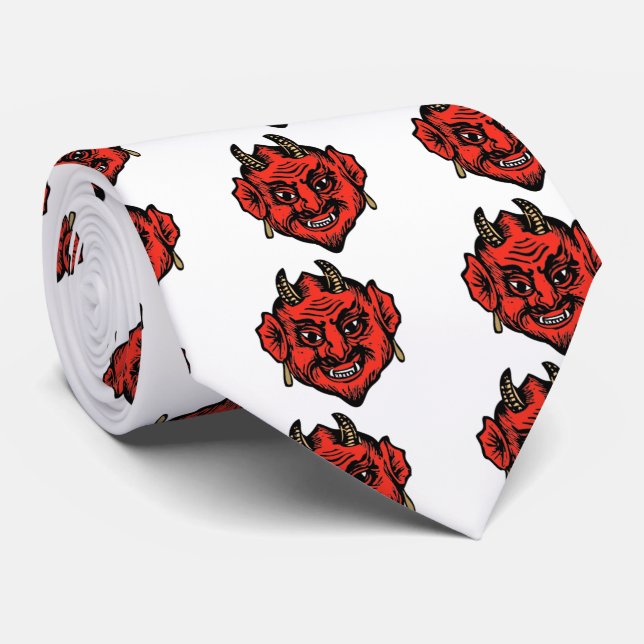 Horned Red Satan Devil Face Tie (Rolled)