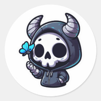Horned Skull with Blue Butterfly Classic Round Sticker