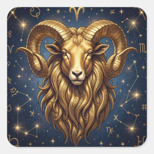 Horoscope Sign Aries Golden Ram and Stars Square Sticker
