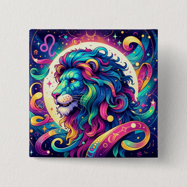 Horoscope sign Leo | Colourful Lion Art 15 Cm Square Badge (Front)