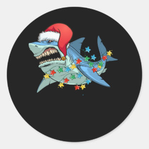 Horror Angry Shark Santa Hat Christmas Lights Xmas Classic Round Sticker