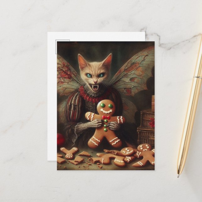 Horror Christmas Vampire Fairy Kitty Gingerbread Postcard (Front/Back In Situ)