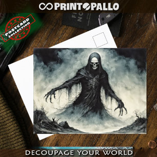 Horror death skull in black cloack  postcard