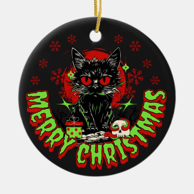 Horror Fan Christmas Cat Ceramic Tree Decoration (Front)