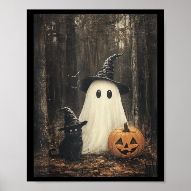 Horror Funny Witchy Ghost And Black Cat In Forest  Poster (Front)