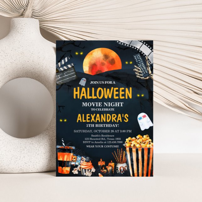 Horror Halloween Scary Movie Night Birthday Party Invitation (Scary Horror Halloween Movie Night Party Invitation)