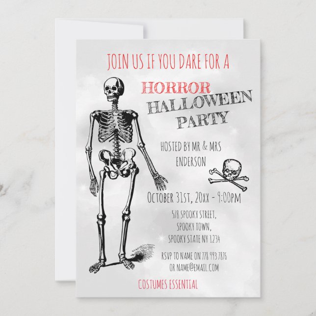 Horror Halloween Skeleton Skull Grey Costume Party Invitation (Front)
