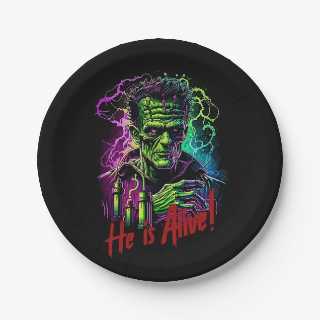 Horror Movie Frankenstein Monster, Halloween Paper Plate (Front)