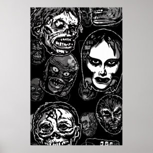 Horror Movie Monster Masks (b&w) Poster