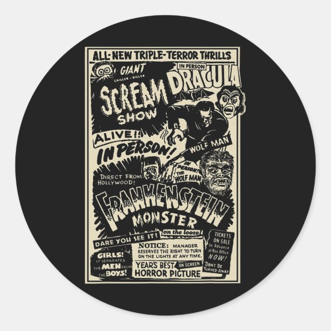 Horror Movie Monster Mummy Dracula Werewolf Franke Classic Round Sticker (Front)