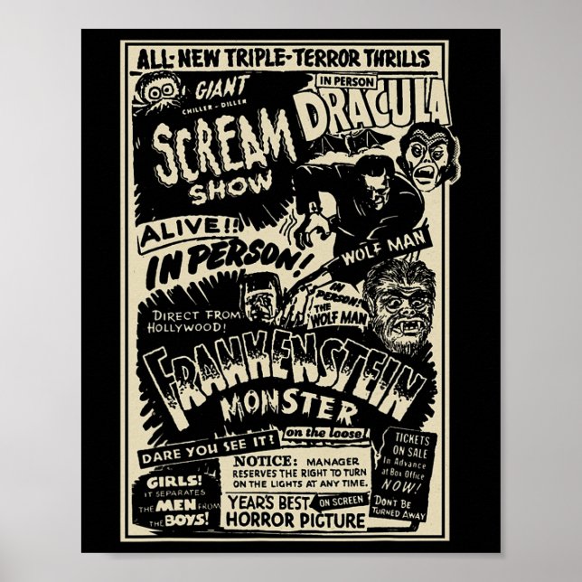Horror Movie Monster Mummy Dracula Werewolf Franke Poster (Front)