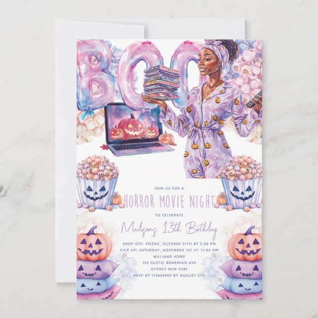 Horror Movie Night Afro Halloween Slumber Birthday Invitation (Front)