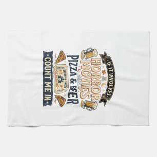 Horror Movies Pizza Beer Funny Halloween_1 Tea Towel