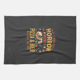 Horror Movies Pizza Beer Halloween Design_1 Tea Towel