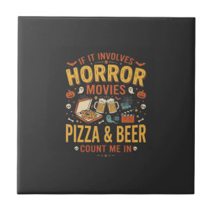 Horror Movies Pizza Beer Halloween Design_1 Tile