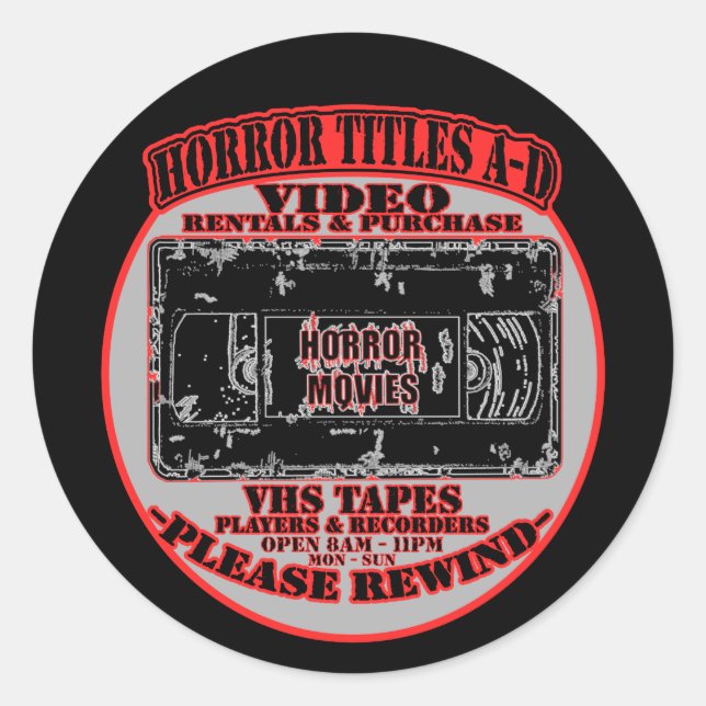 Horror Movies V.H.S Horror Titles A-D Black White Classic Round Sticker (Front)