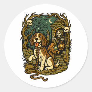 Horror Spooky Skeleton Dog Aesthetic Classic Round Sticker