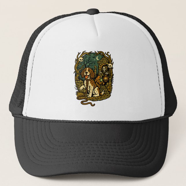 Horror Spooky Skeleton Dog Aesthetic Trucker Hat (Front)