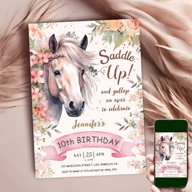 Horse 10th Birthday Girl Wild Floral Saddle Up Invitation (Creator Uploaded)