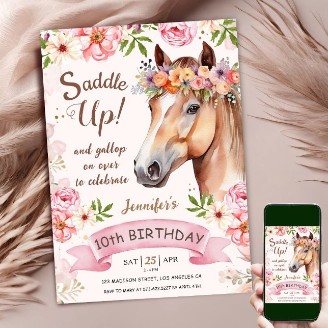 Horse 10th Birthday Pink Rose Flowers Saddle Up Invitation (Creator Uploaded)